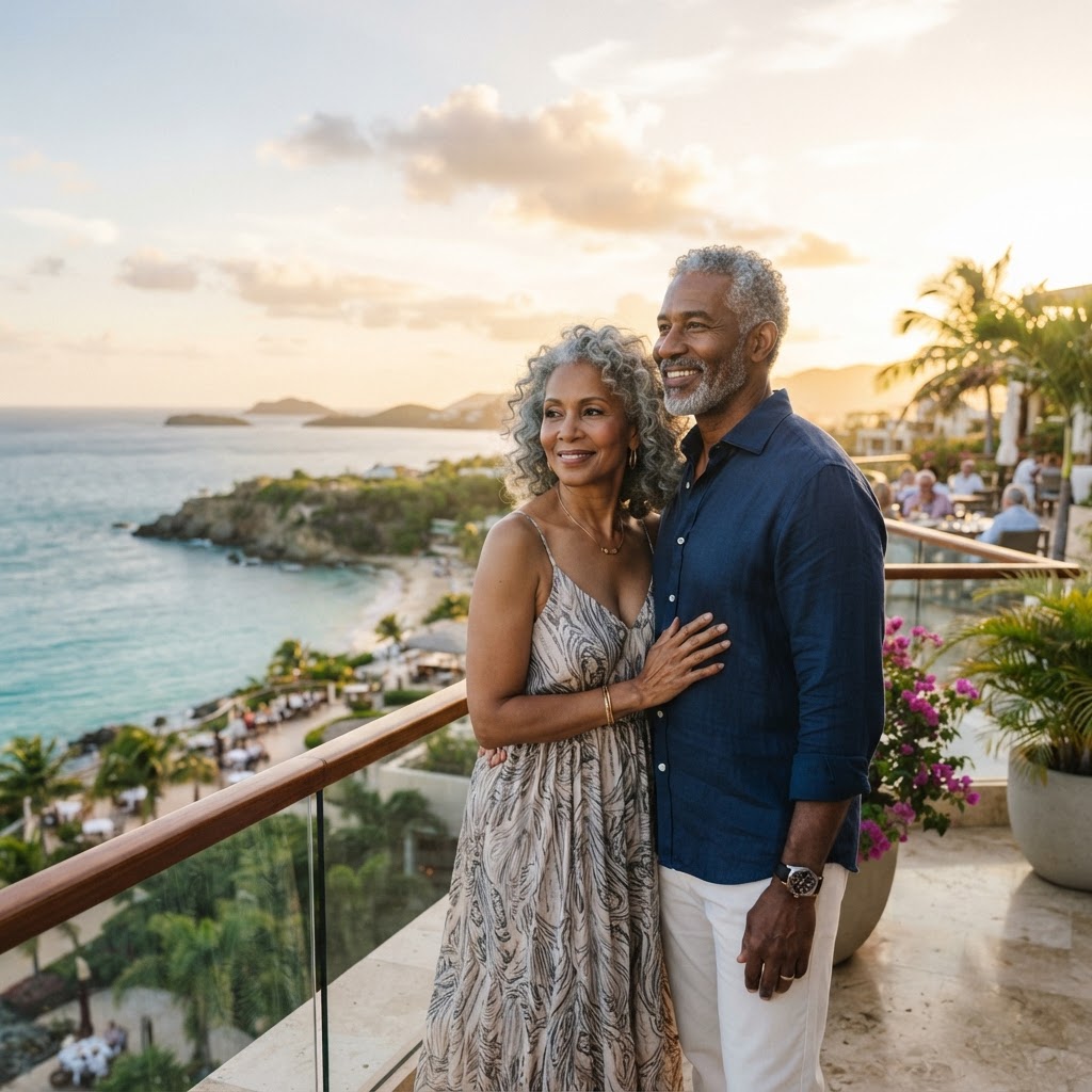 A couple enjoying a warm golden-hour travel experience together