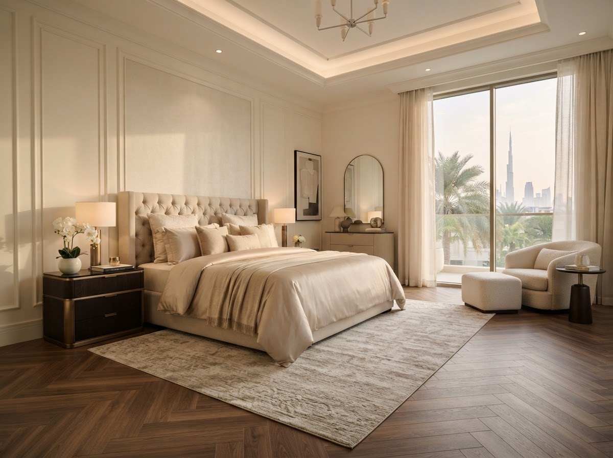 Elegant Dubai bedroom with warm walnut LVT herringbone flooring — Floor Woods