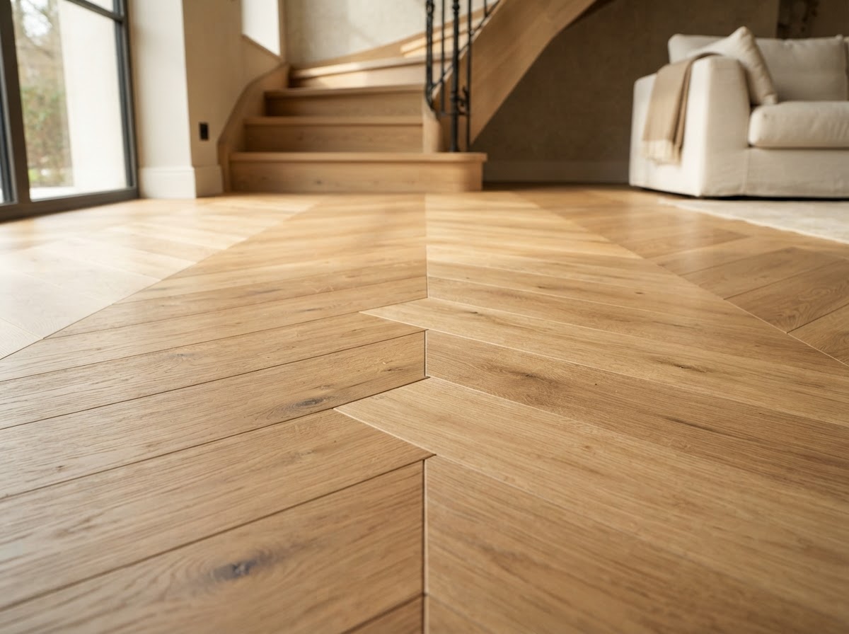 Warm oak LVT herringbone flooring detail in a luxury Dubai villa — Floor Woods