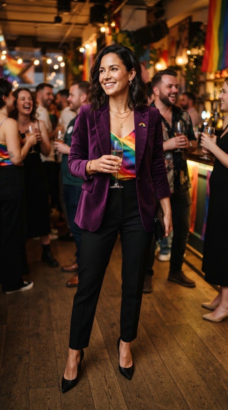 Velvet Blazer & Rainbow Camisole