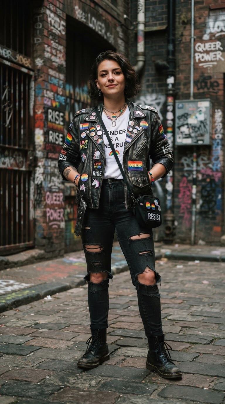 Leather Biker Jacket with Pride Pins