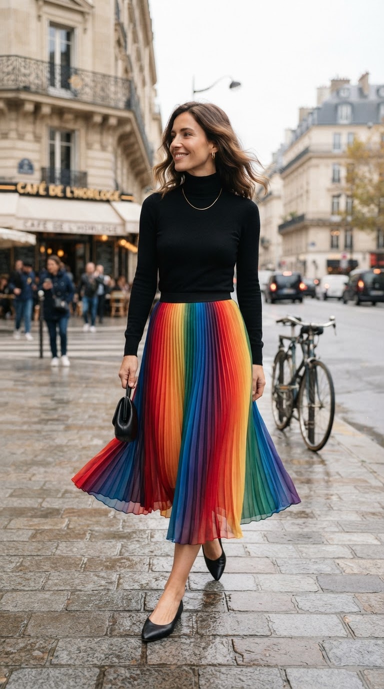 Rainbow Gradient Pleated Midi Skirt