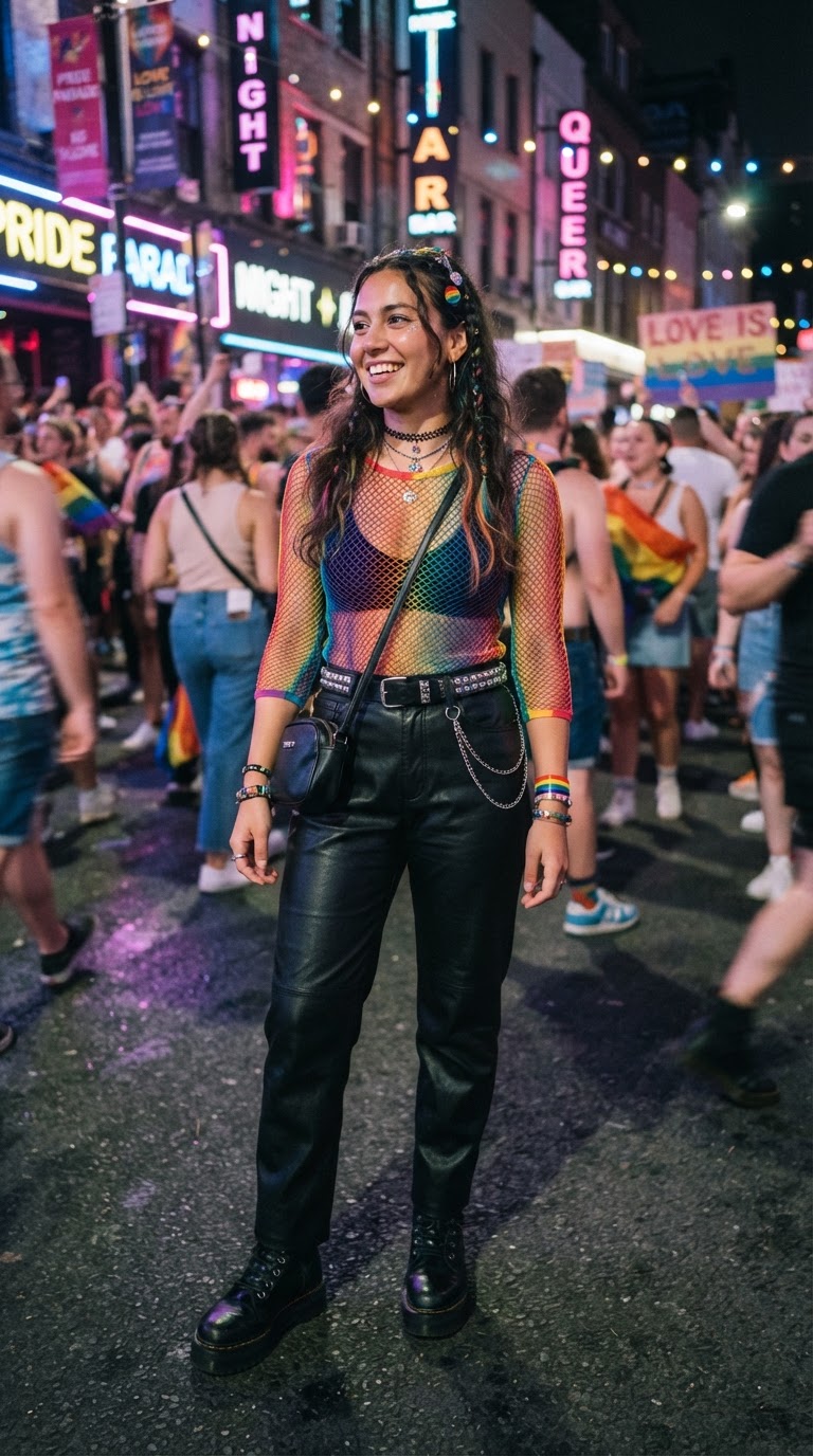 Rainbow Mesh Top & Leather Pants
