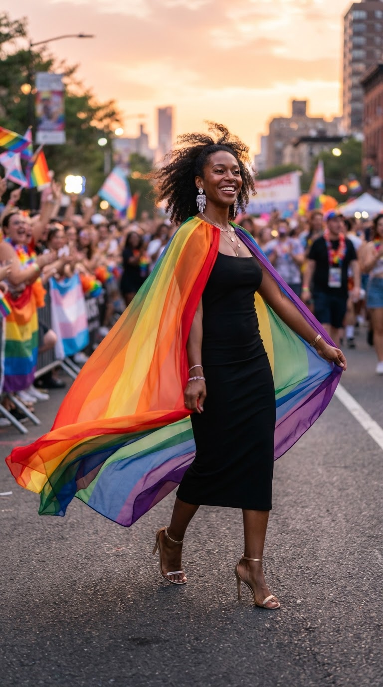 Rainbow Chiffon Cape & Black Dress
