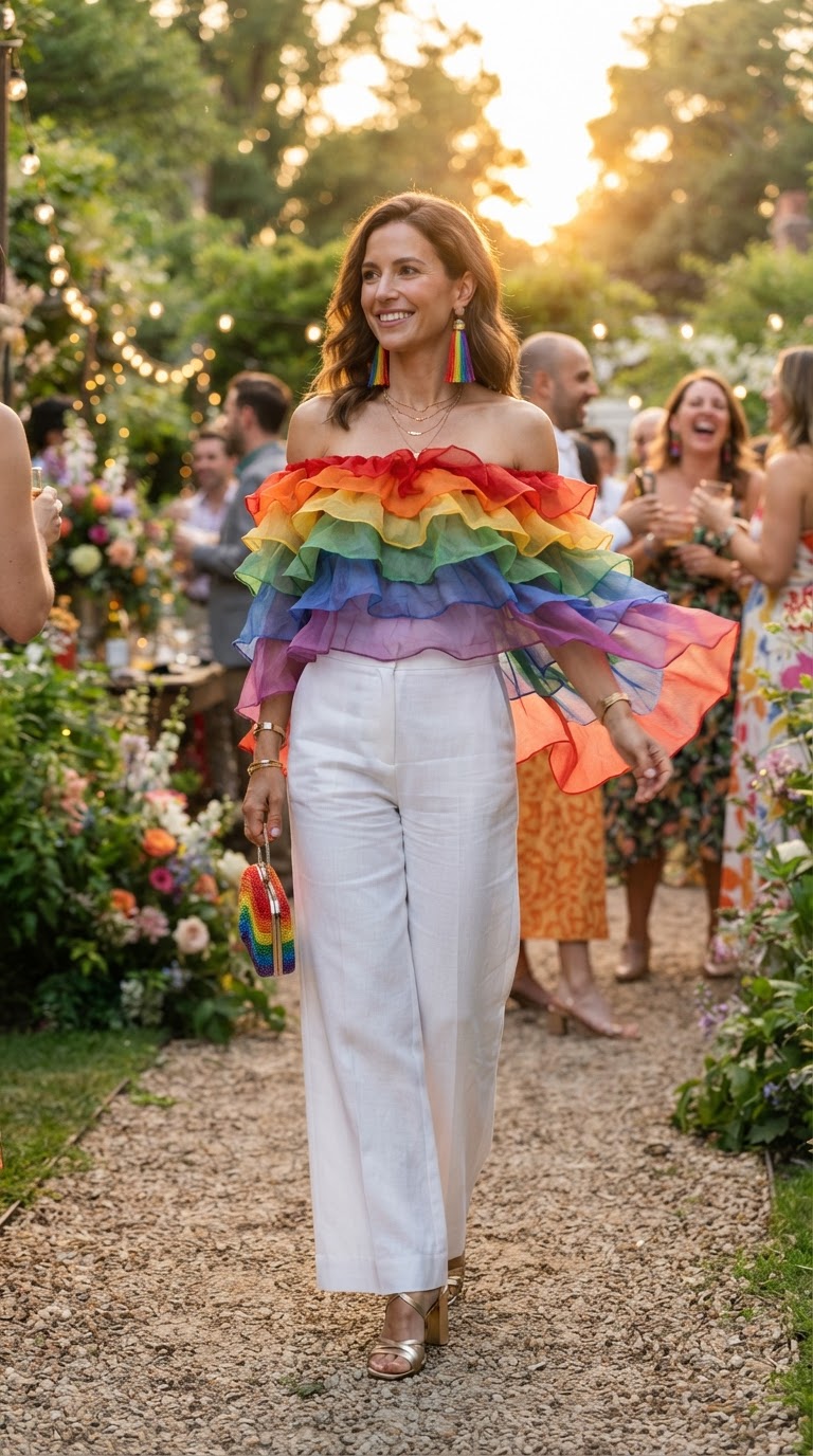 Off-Shoulder Rainbow Ruffle Top