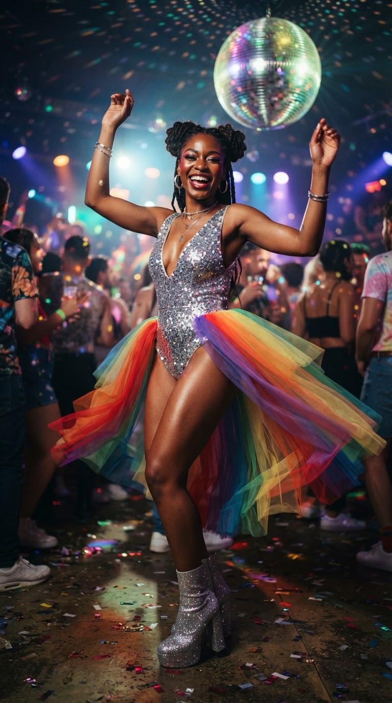 Silver Bodysuit & Rainbow Tulle Skirt