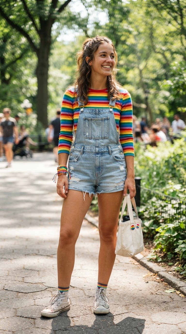 Denim Overalls & Rainbow Striped Top
