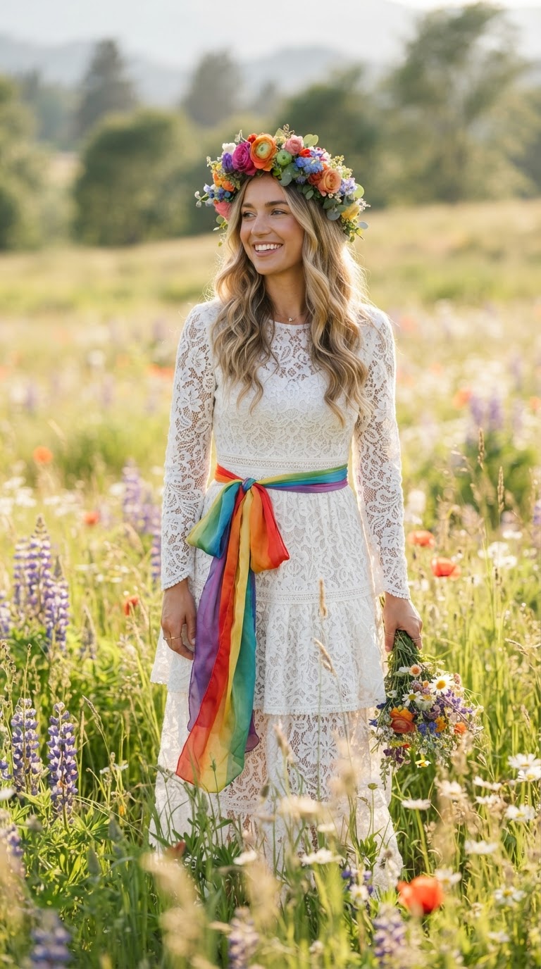 White Lace Dress & Rainbow Sash