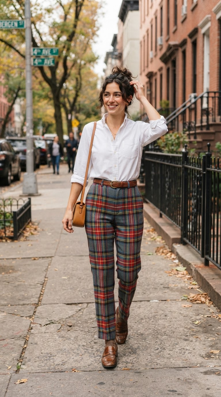 Woman in vintage rainbow plaid pants with white button-down for pride event