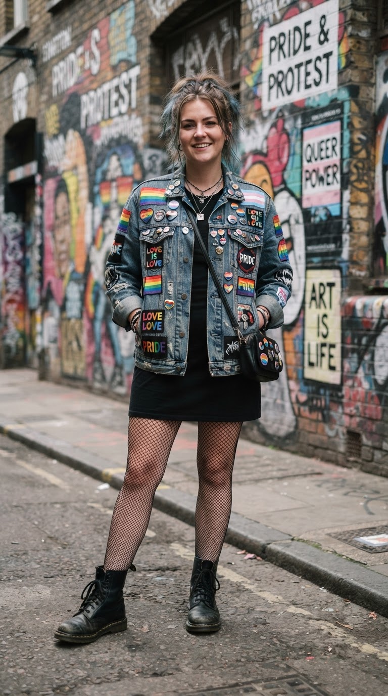 Woman in pride-patched denim jacket over mini dress with combat boots at pride parade
