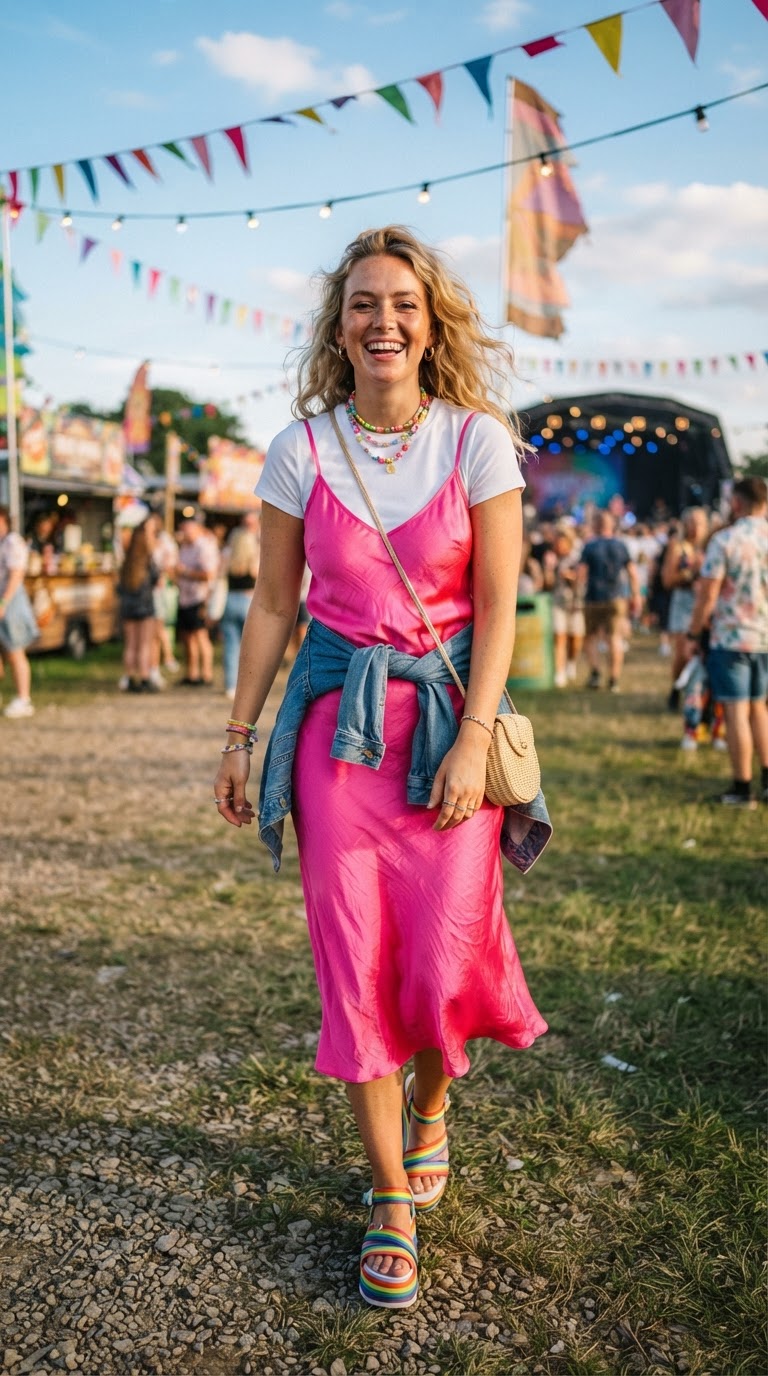 Woman wearing pink satin slip dress layered over white tee with rainbow accessories at pride