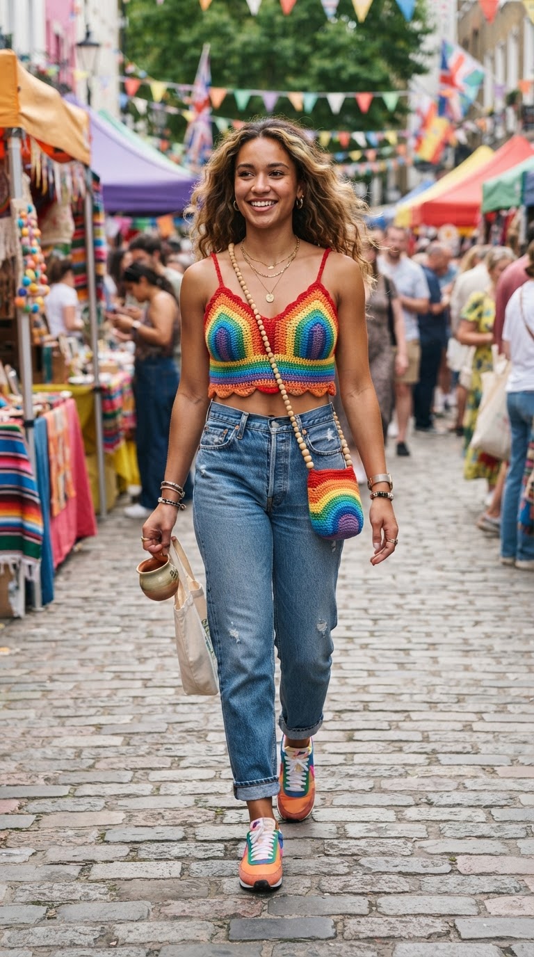 Woman in rainbow crochet crop top and mom jeans at pride street fair