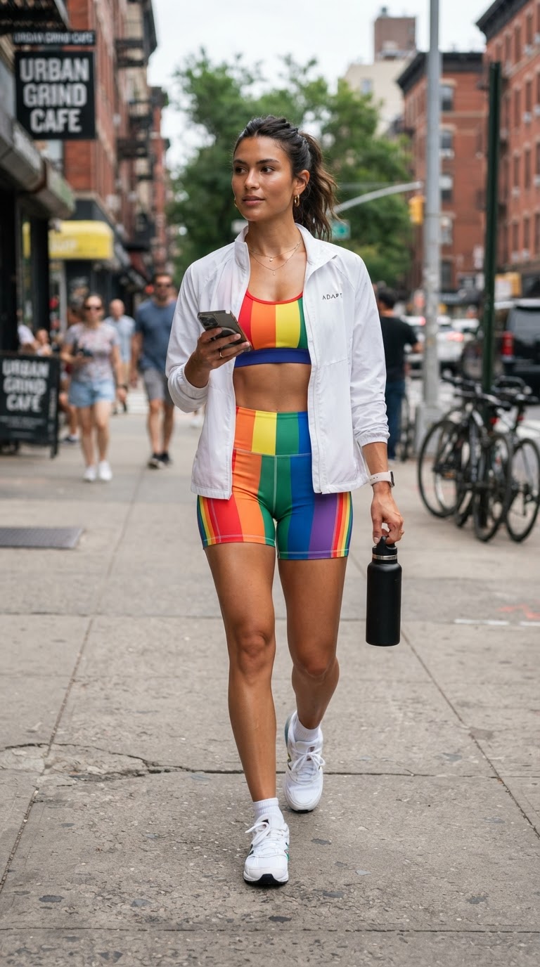 Woman in rainbow athletic color-block outfit for comfortable pride march