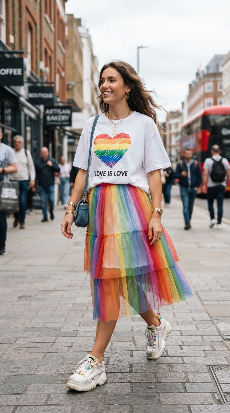 Woman wearing graphic tee and rainbow tulle skirt pride event outfit