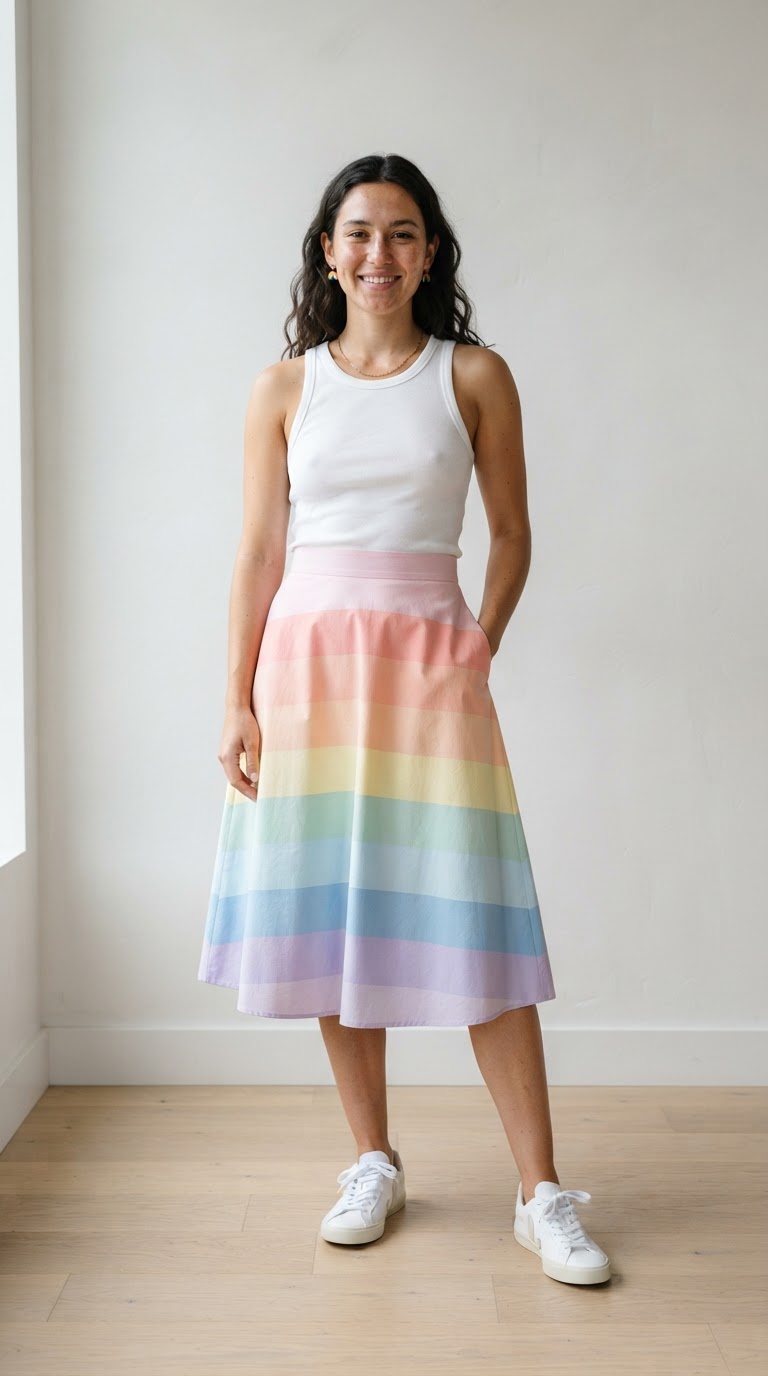 Woman in pastel rainbow color-block midi skirt with white tank top for pride march