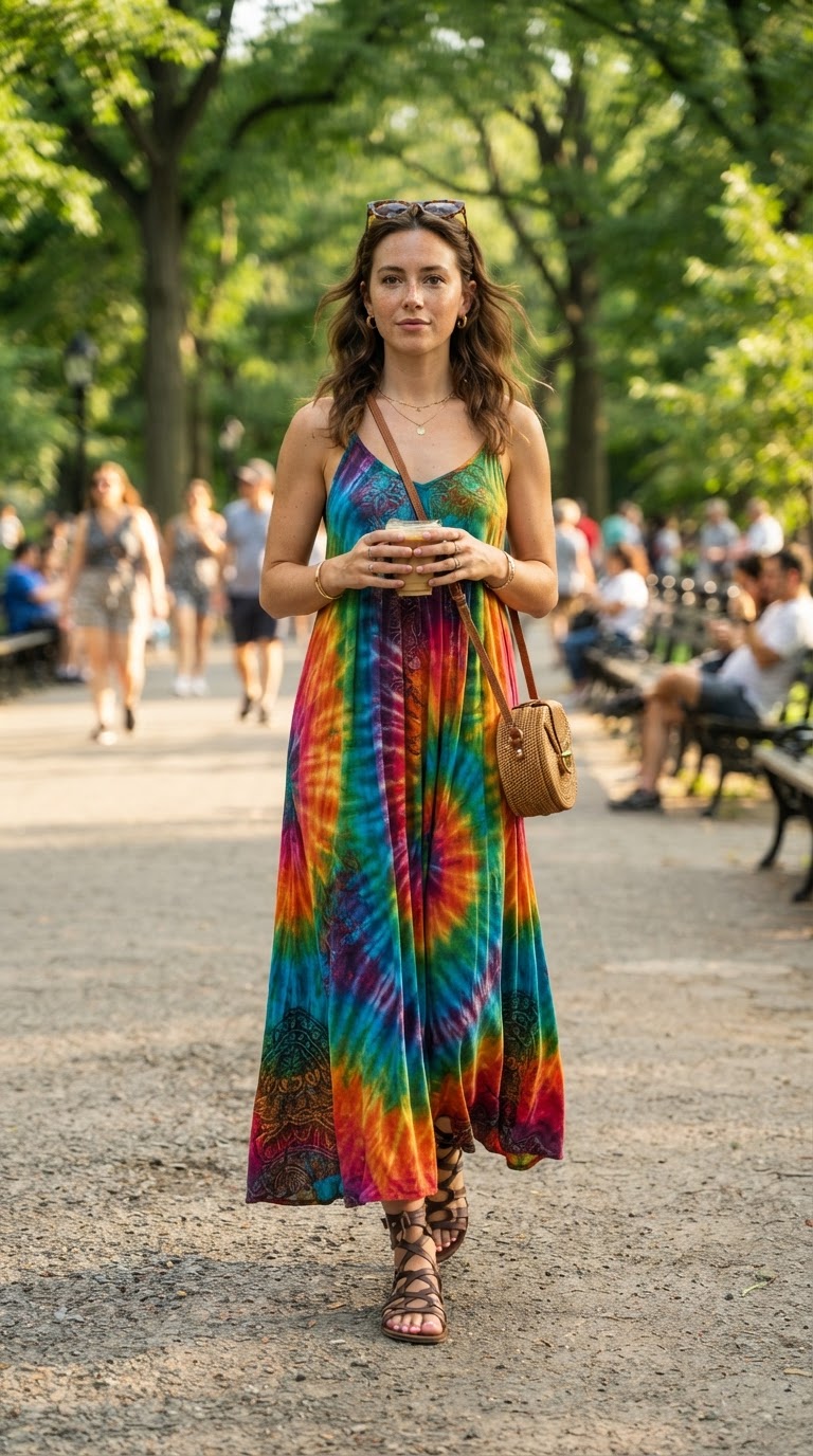 Woman in tie-dye rainbow maxi dress walking outdoors for pride parade
