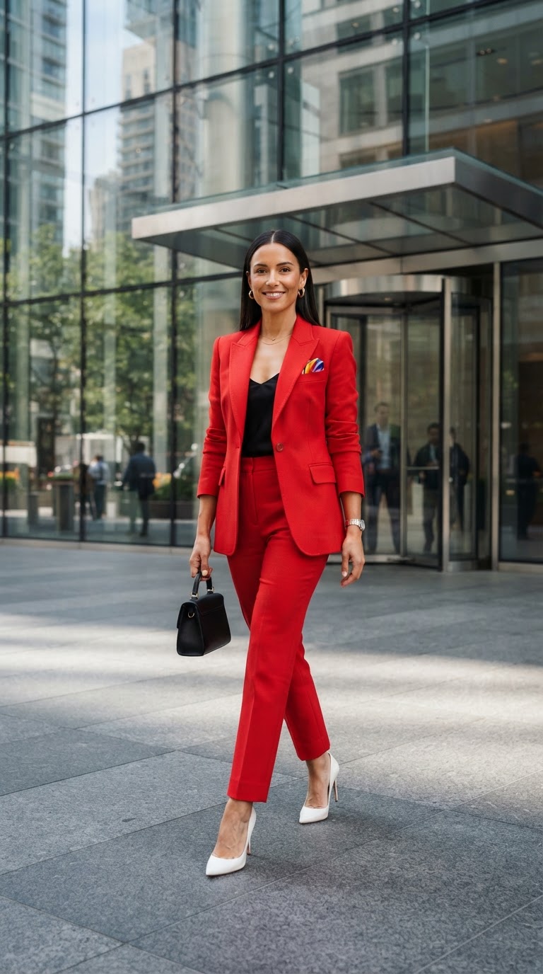 Woman in bold red power suit with rainbow pocket square at corporate pride event