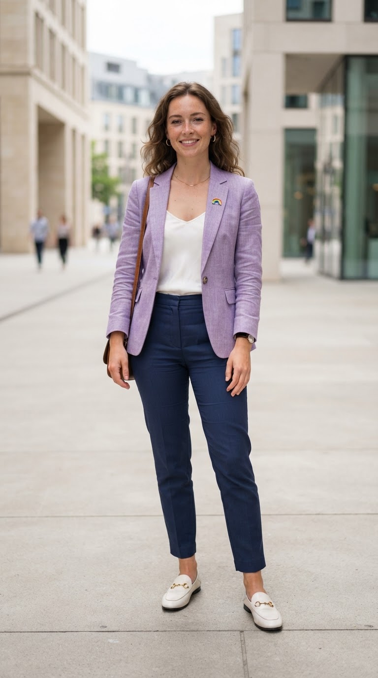 Woman in lavender blazer with navy trousers and rainbow pin for pride