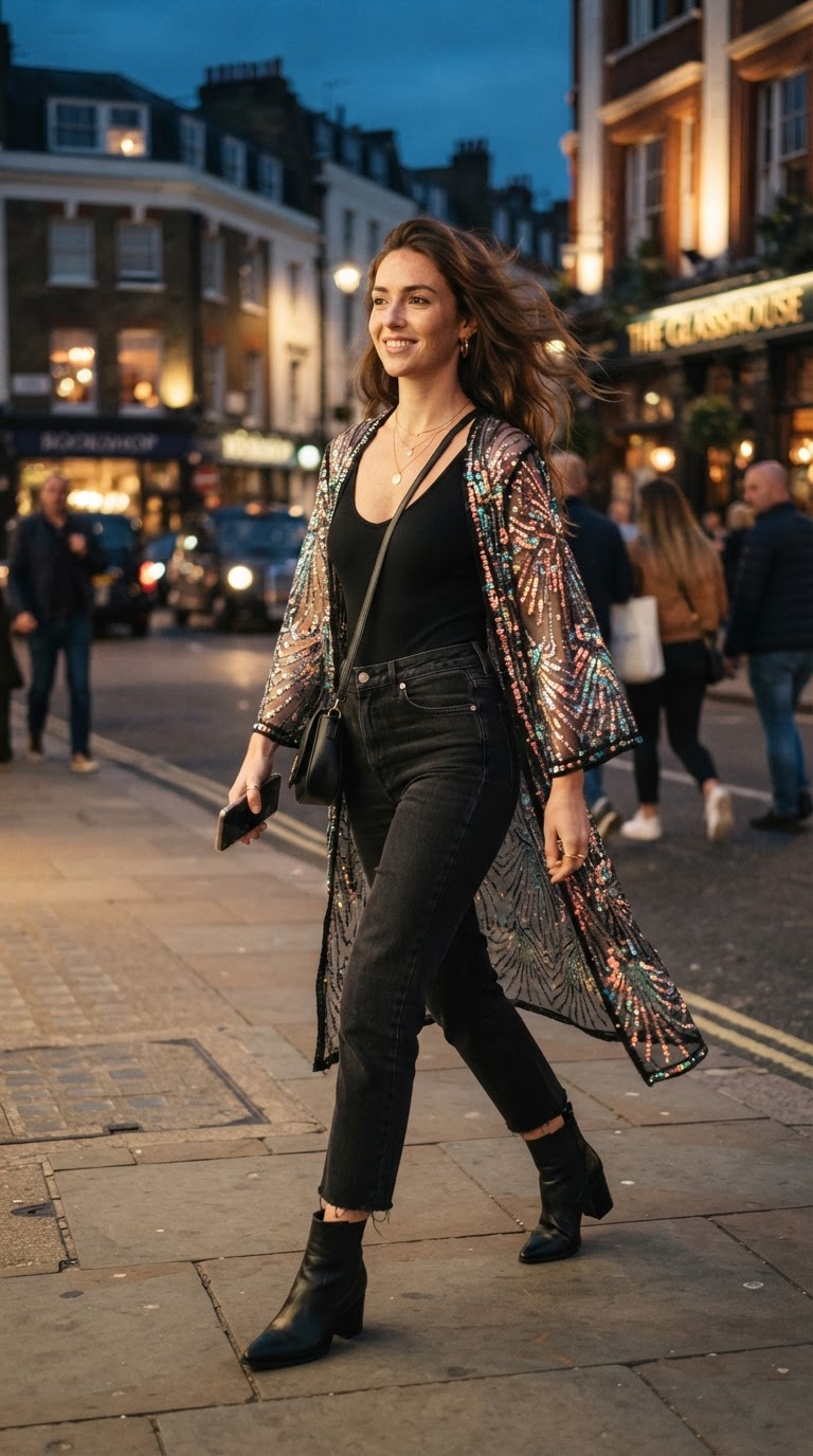Woman in sheer sequined rainbow kimono over black outfit for pride night event