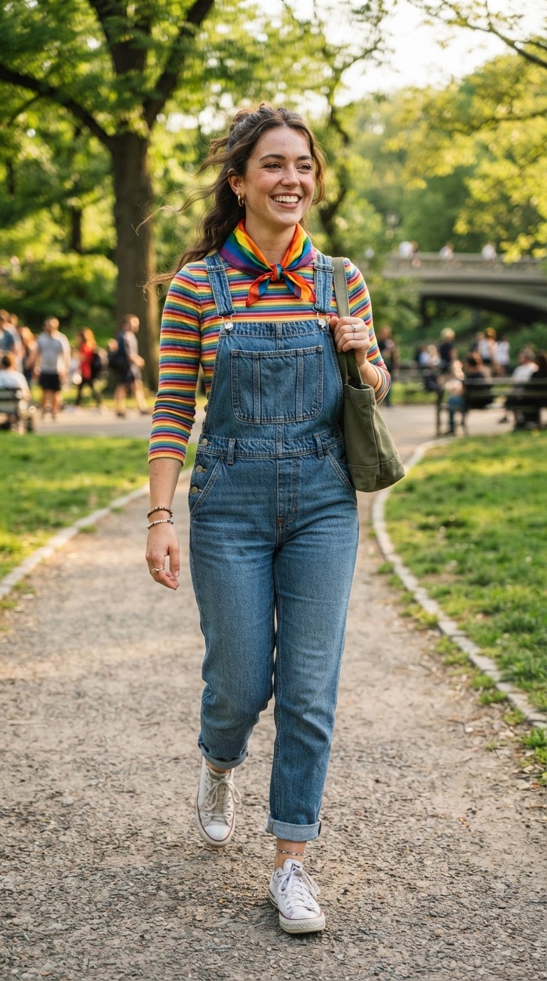 Woman wearing denim overalls over rainbow striped shirt at pride parade