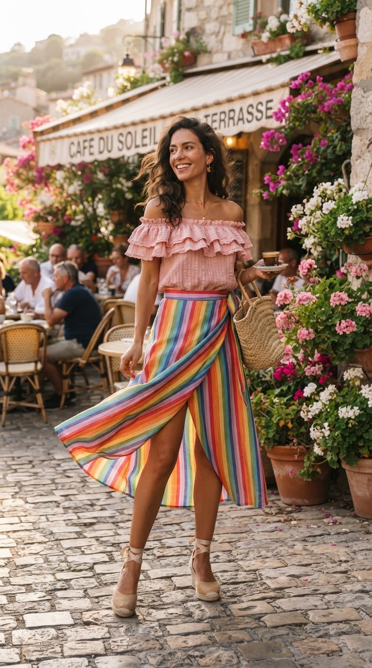 Romantic Ruffle Top & Rainbow Wrap Skirt
