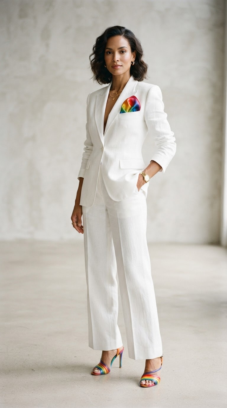 All-White Suit with Rainbow Accents