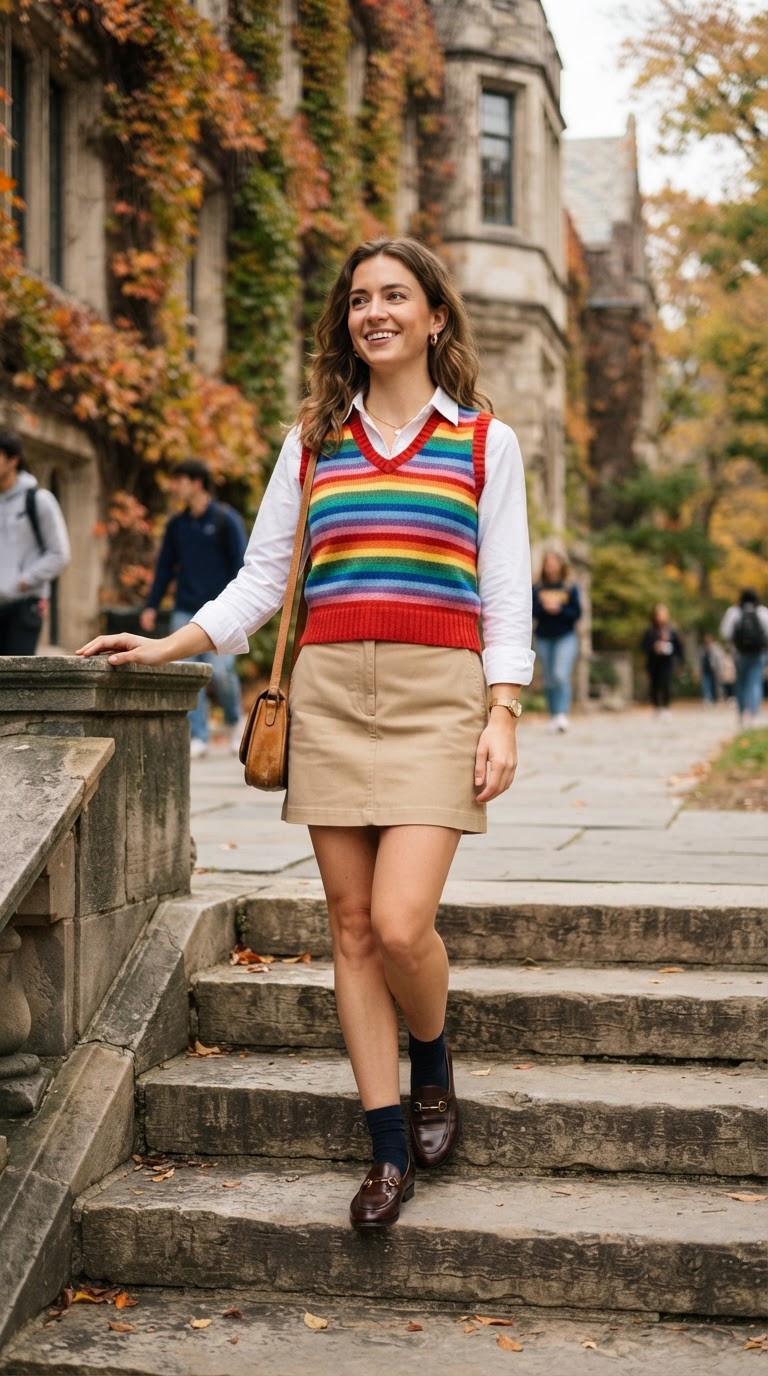 Rainbow Knit Vest Preppy Look