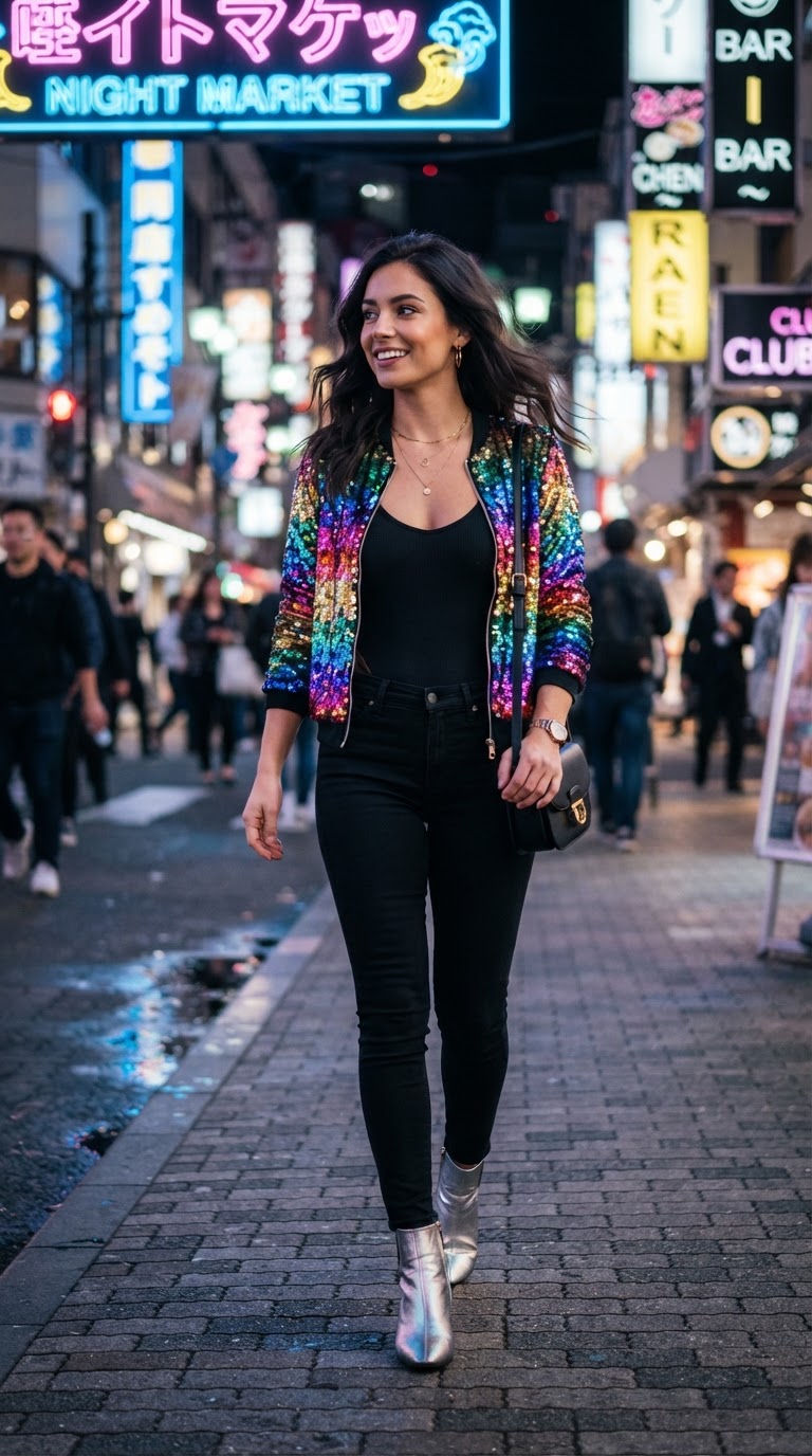 Rainbow Sequin Bomber Jacket