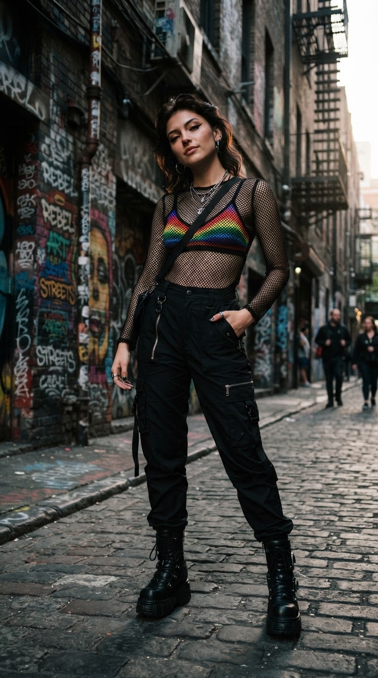 Mesh Top & Rainbow Bralette