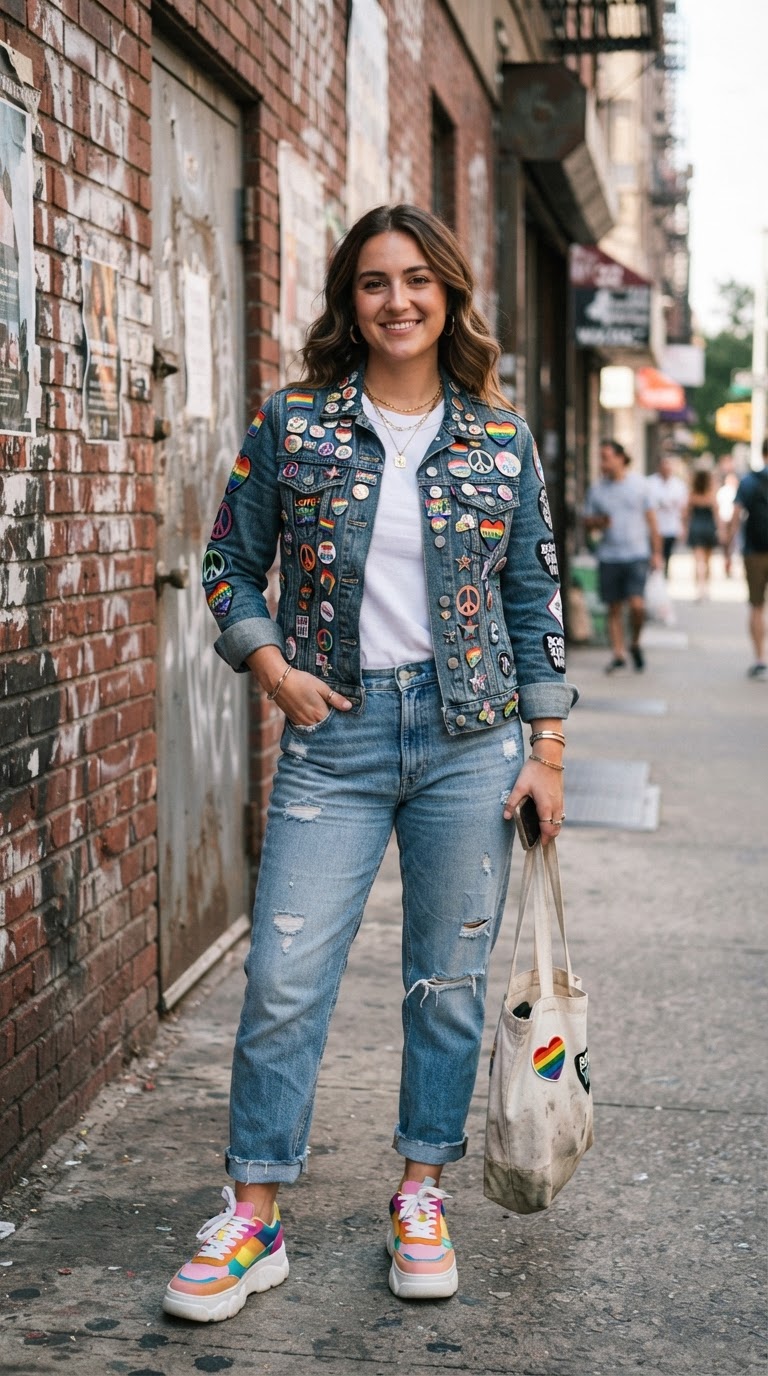 Pin-Covered Denim Jacket Look