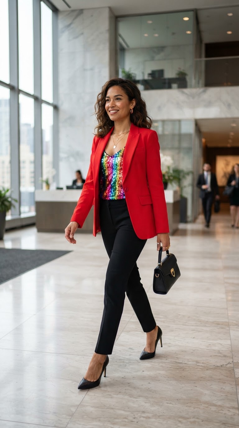 Red Power Blazer & Sequin Cami