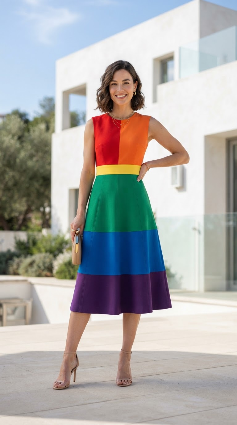 Color-Blocked Rainbow Midi Dress