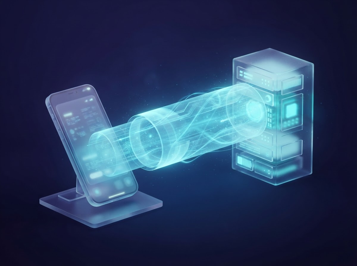 Smartphone verbindet sich mit einem leuchtenden Server