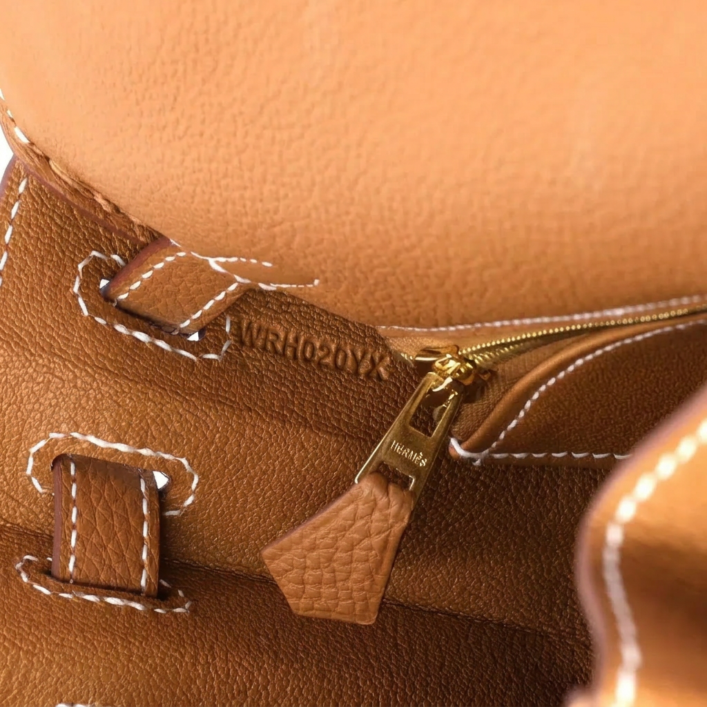 Macro close-up of embossed serial number WRH020YX on leather card of Hermès bag