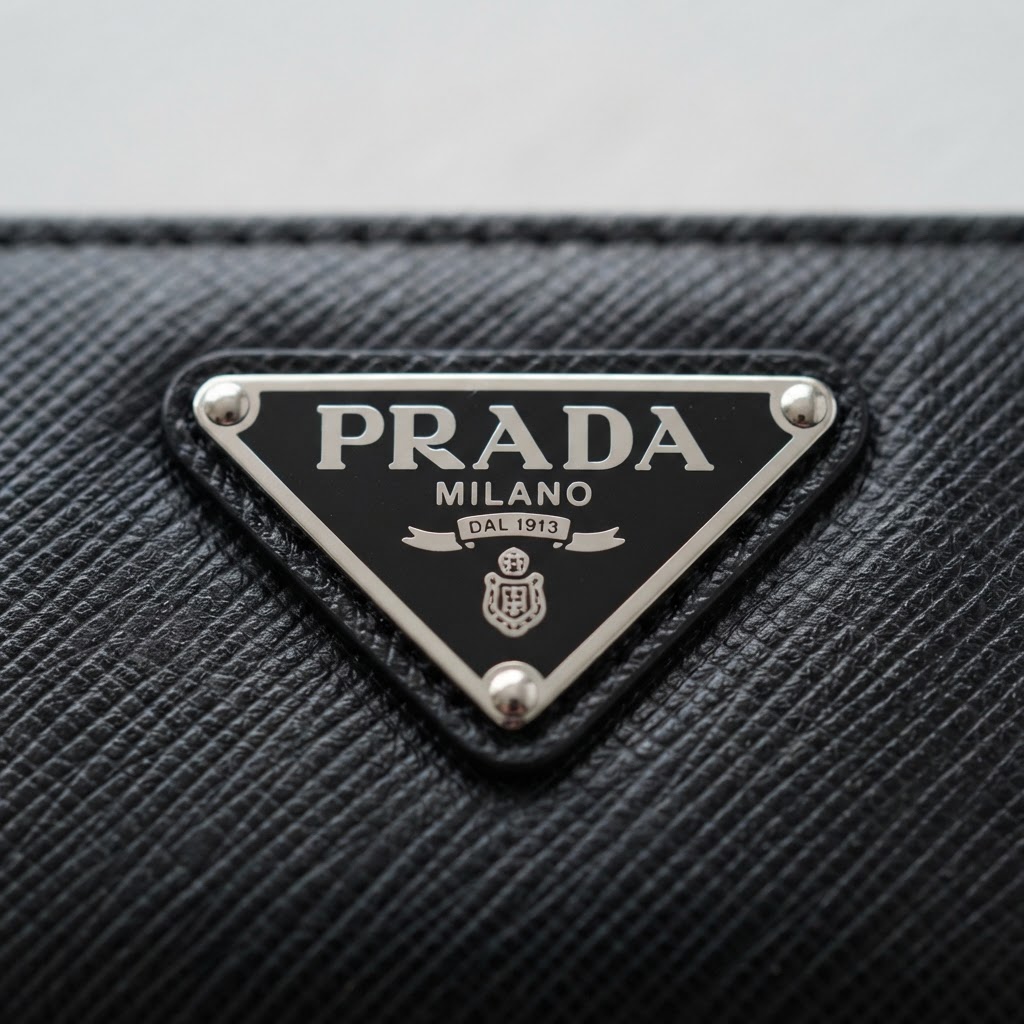 Macro of authentic Prada triangle enamel plaque on Saffiano leather