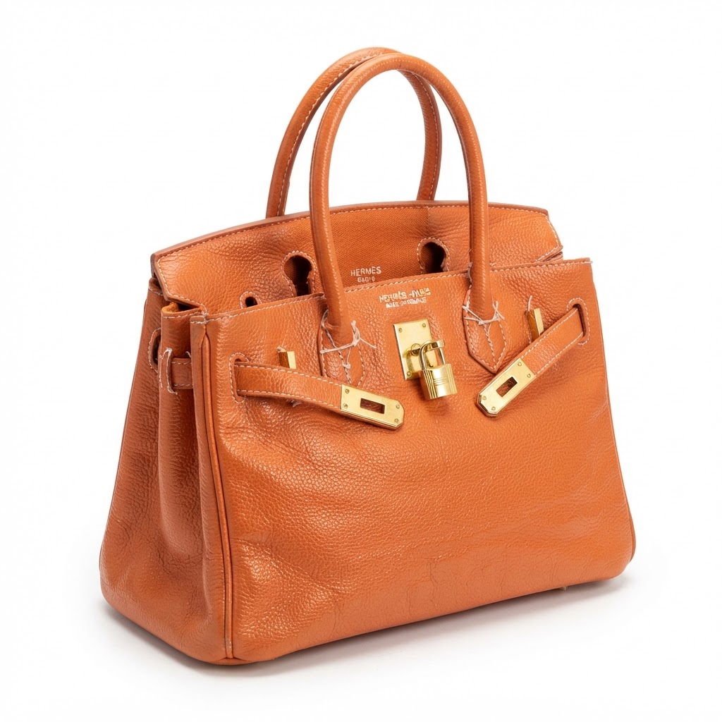 Counterfeit fake Hermès Birkin in orange leather with misaligned stitching