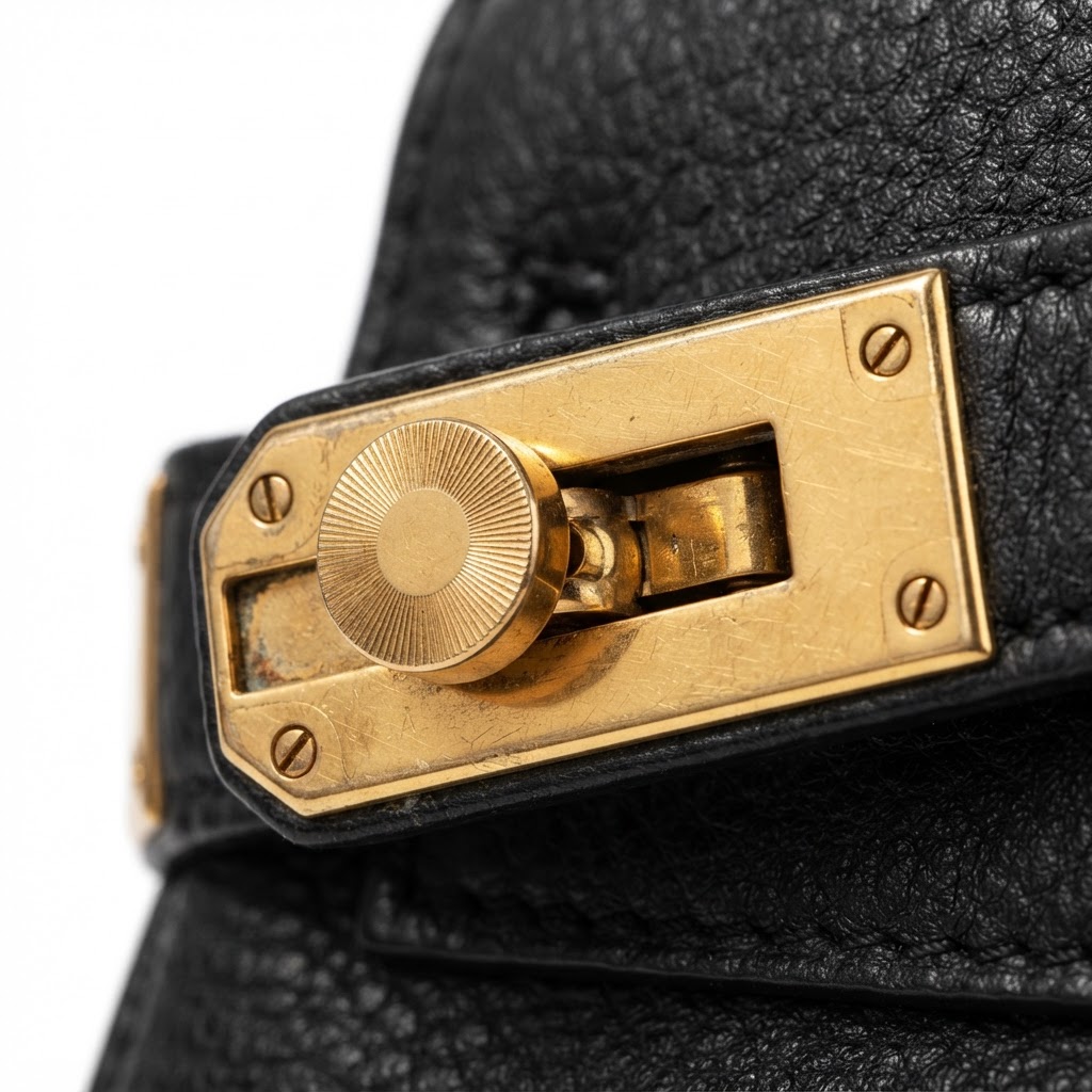 Macro view of luxury handbag gold hardware clasp mechanism showing precise engineering of turn-lock closure