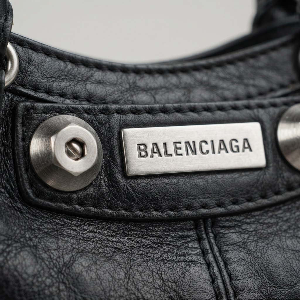 Macro of authentic Balenciaga giant stud hardware and embossed logo plate