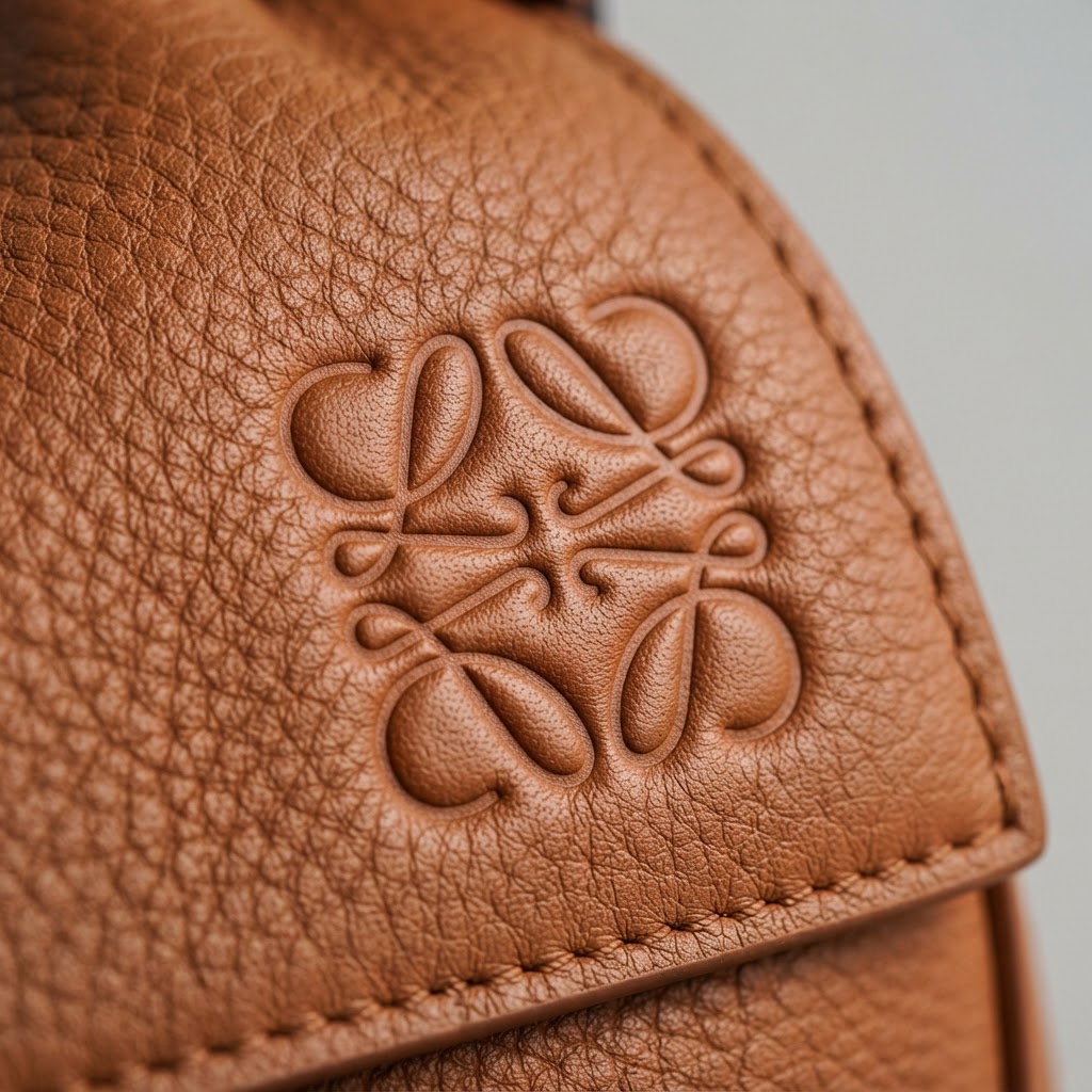 Macro of authentic Loewe anagram embossing on soft leather