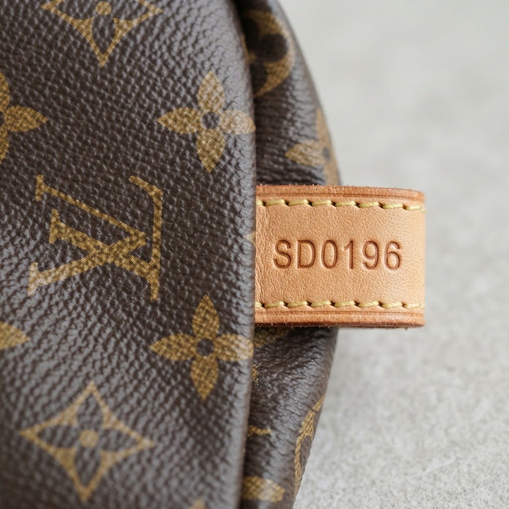 Macro of authentic Louis Vuitton monogram canvas and date-code heat stamp