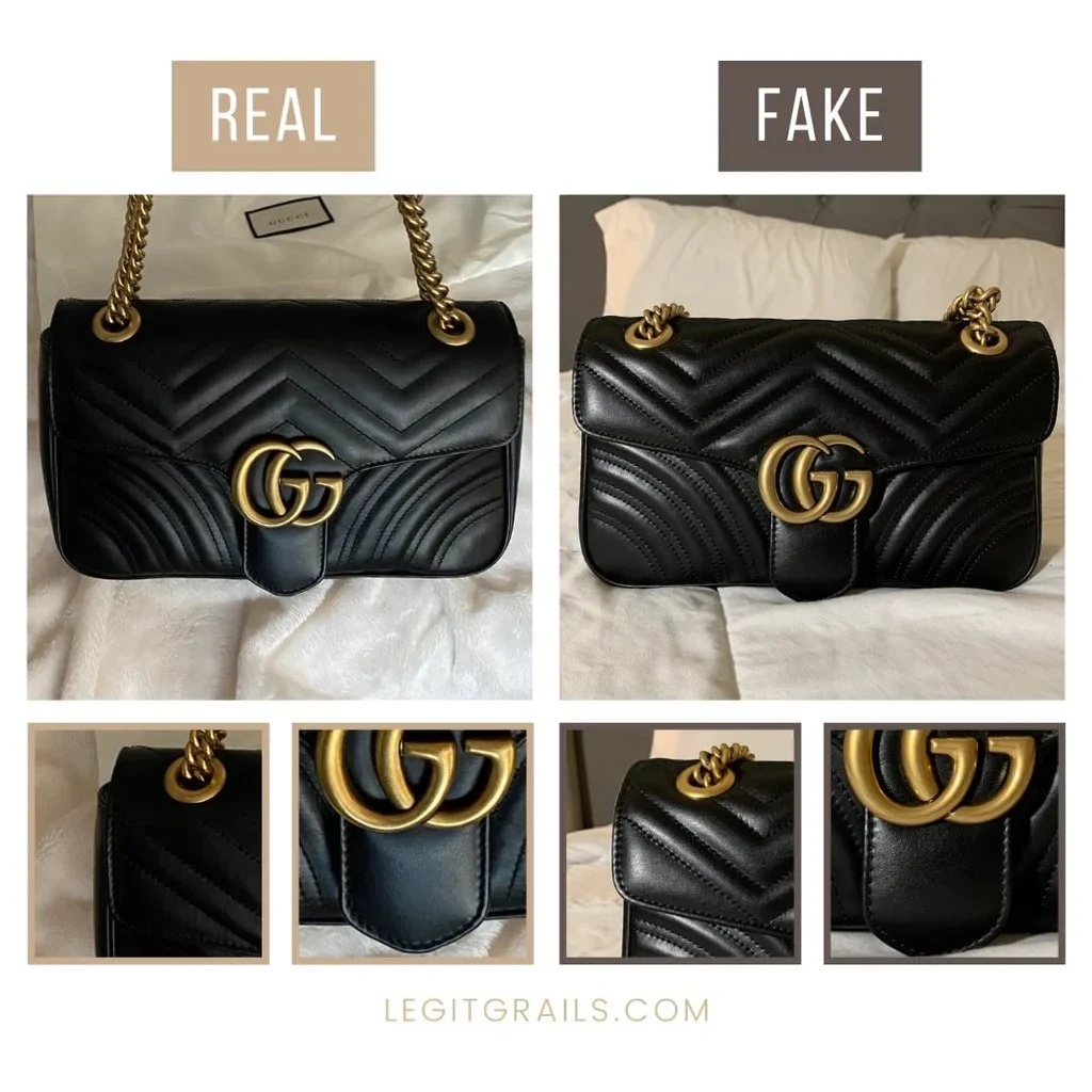 Real vs fake Gucci Marmont bag comparison: overall shape, leather feel, and strap buckle length