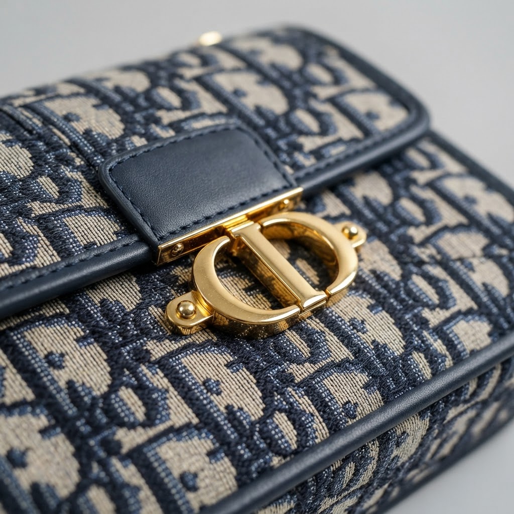 Macro of authentic Dior Oblique jacquard with gold CD clasp