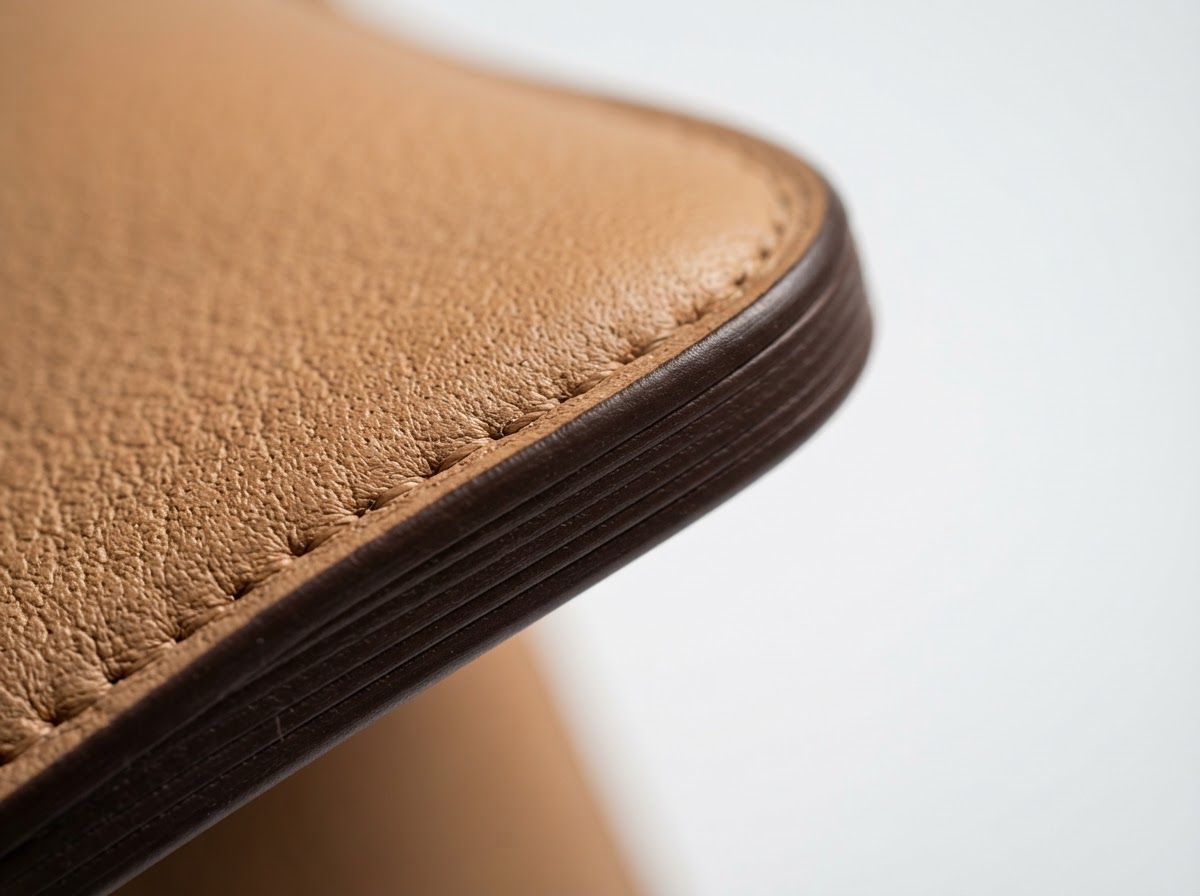 Macro view of edge paint application showing precise layering on calfskin leather