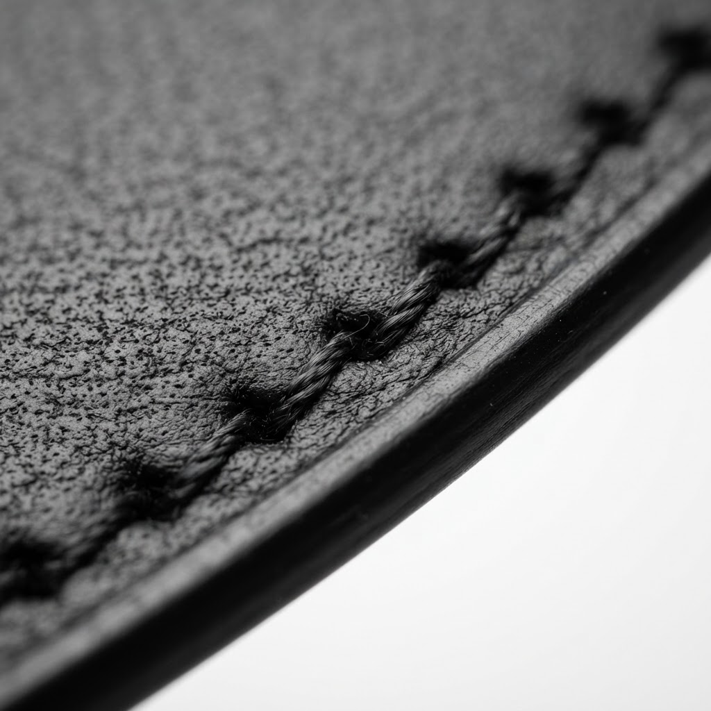 Macro view of hand-sewn saddle stitching on luxury leather showing thread tension at microscopic level