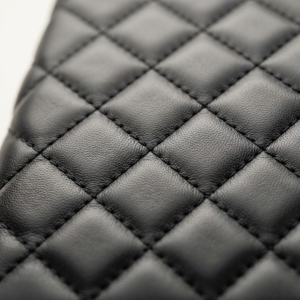 Macro close-up of authentic Chanel diamond quilted stitching on black lambskin leather