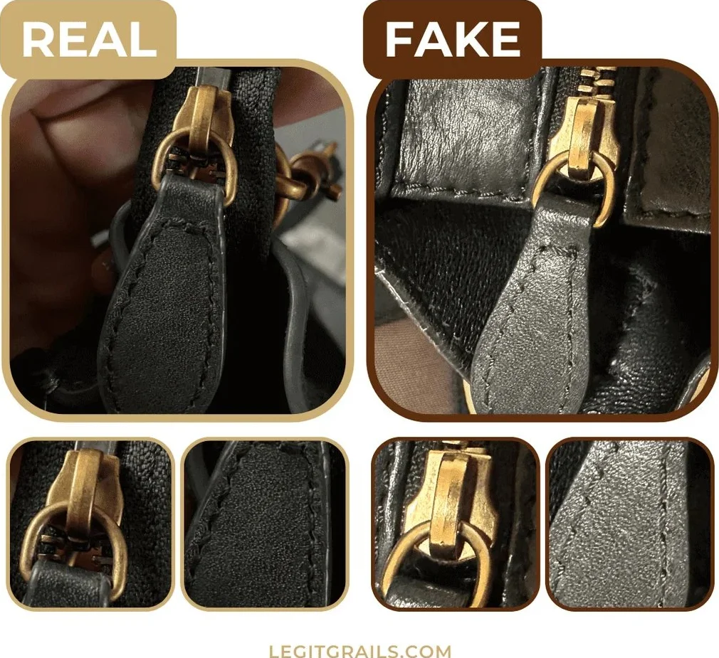 Real vs fake Celine bag zipper comparison