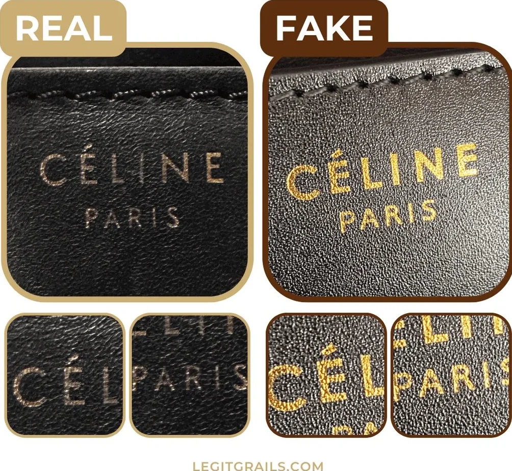 Comparison of real vs fake font on Celine bags