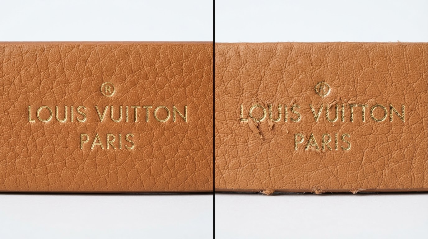 Comparison showing authentic versus counterfeit luxury bag logo stamping details