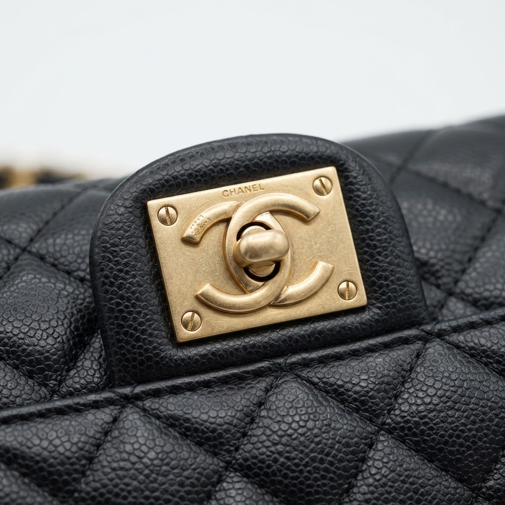 Close-up of an authentic Chanel CC turn-lock clasp in brushed gold hardware