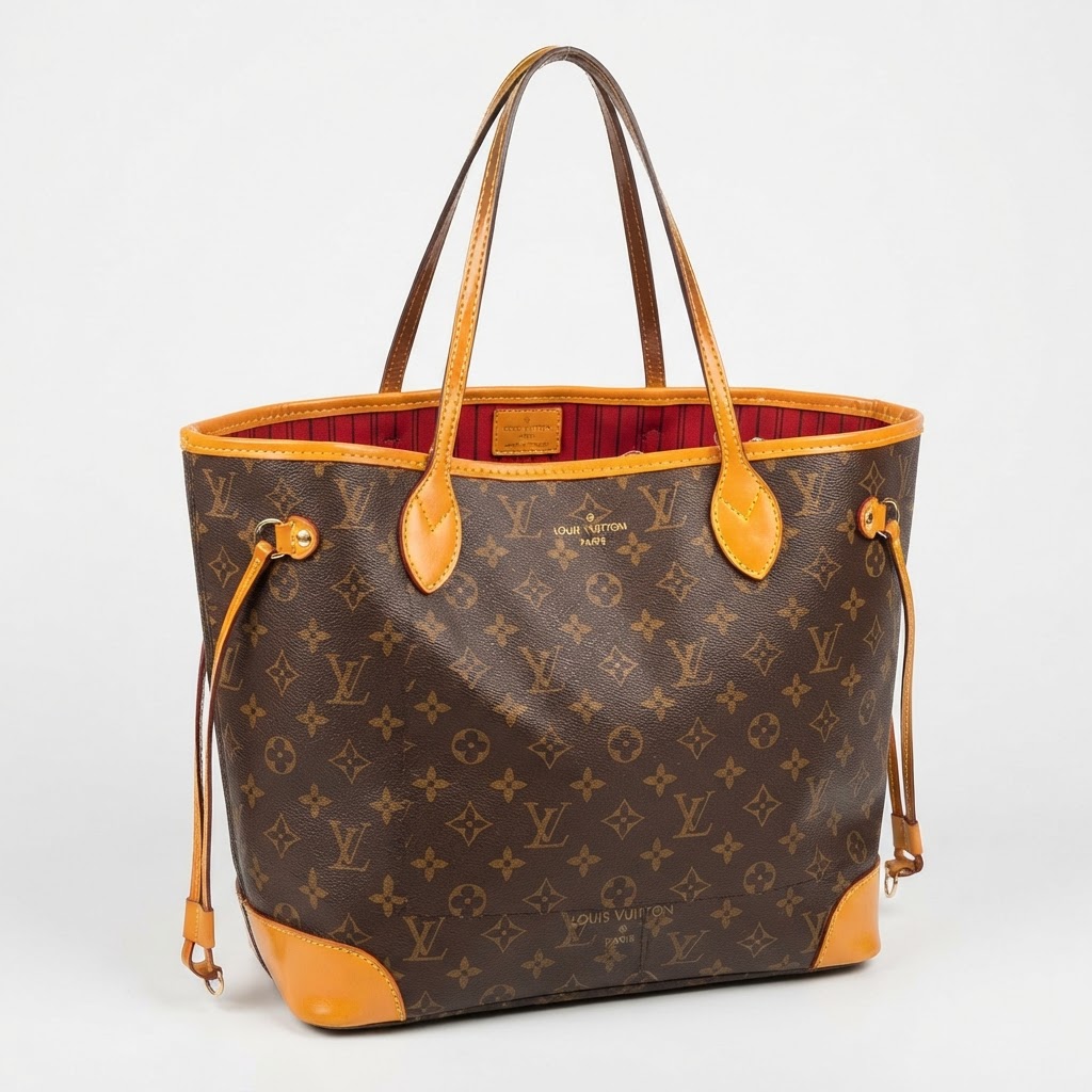 Counterfeit fake Louis Vuitton Neverfull with misaligned monogram pattern